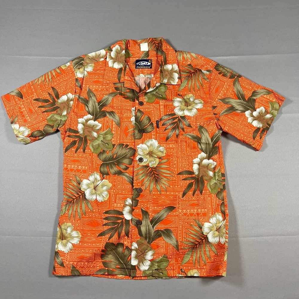 Palmwave Hawaii Aloha Shirt Mens Medium Medium Orange Floral Cotton Short Sleeve